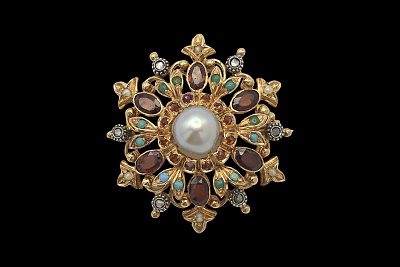 Alfinete Pérolas Diamantes Turquesas Granadas